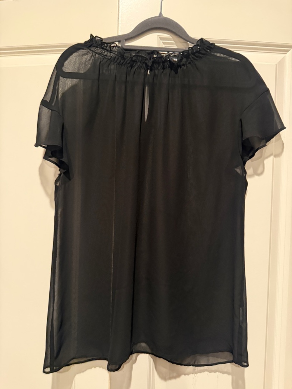 Express Black Sheer Ruffle-Neck Short Sleeve Blouse